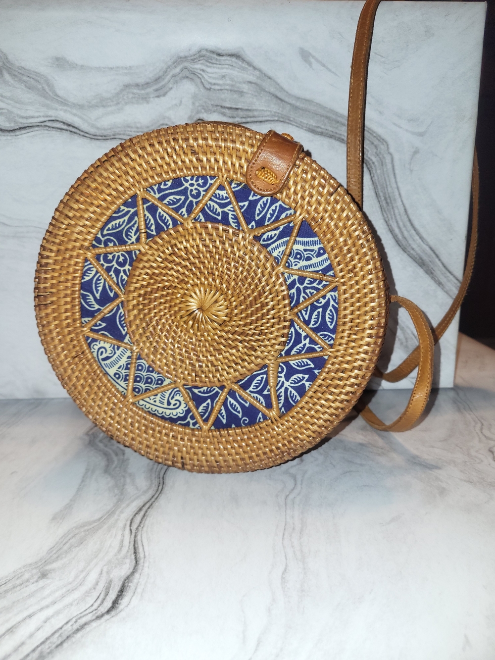 Source Unknown Round Woven Crossbody in Tan with Blue Accent